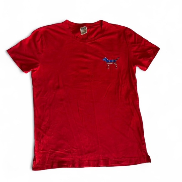 PINK Victoria's Secret Tops - VS PINK American Flag Sequin Bling Dog T-Shirt S
